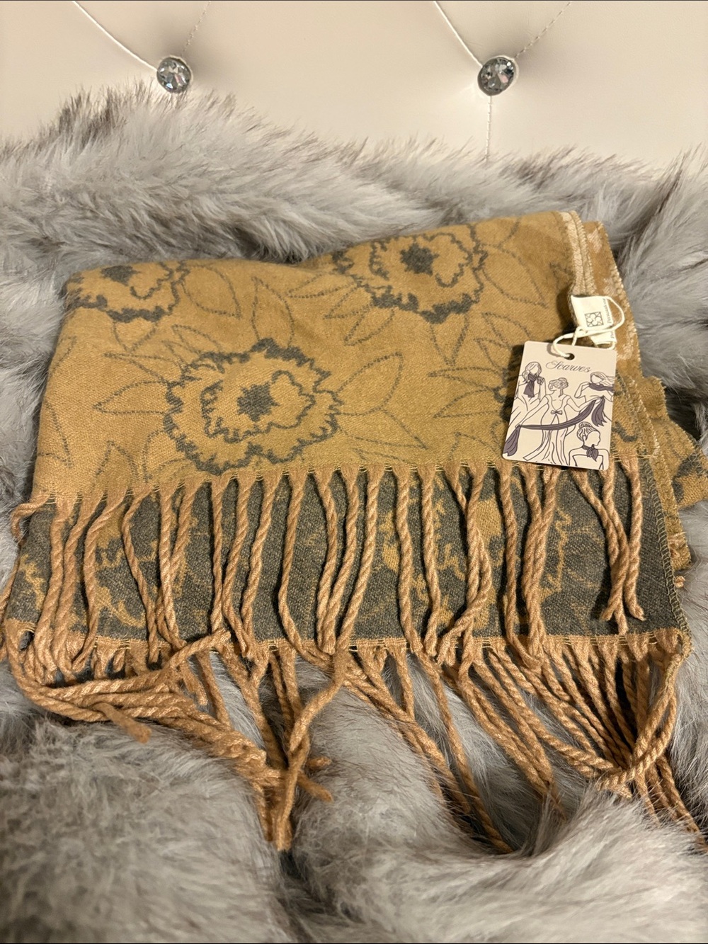 Pretty Persuasions Floral Fringe Scarf - Mustard and Gray
